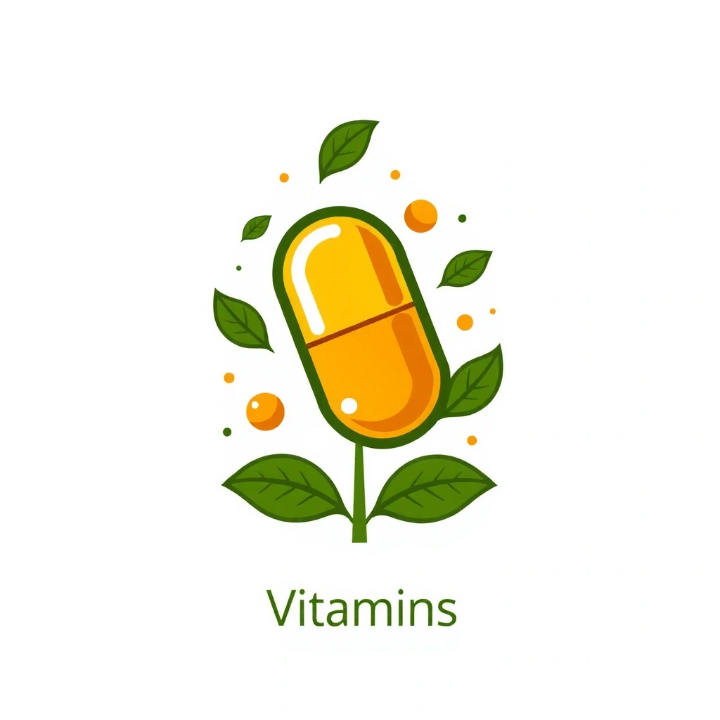 Ilustrație minimalistă a unei tablete de vitamine din plante, cu frunze verzi și elemente organice în jurul ei, simbolizând vitamine naturale.