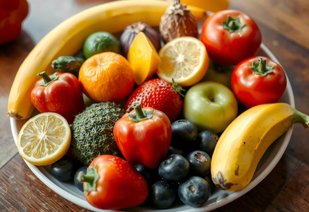 O farfurie plină cu fructe și legume proaspete, colorate, simbolizând o alimentație sănătoasă și bogată în vitamine.