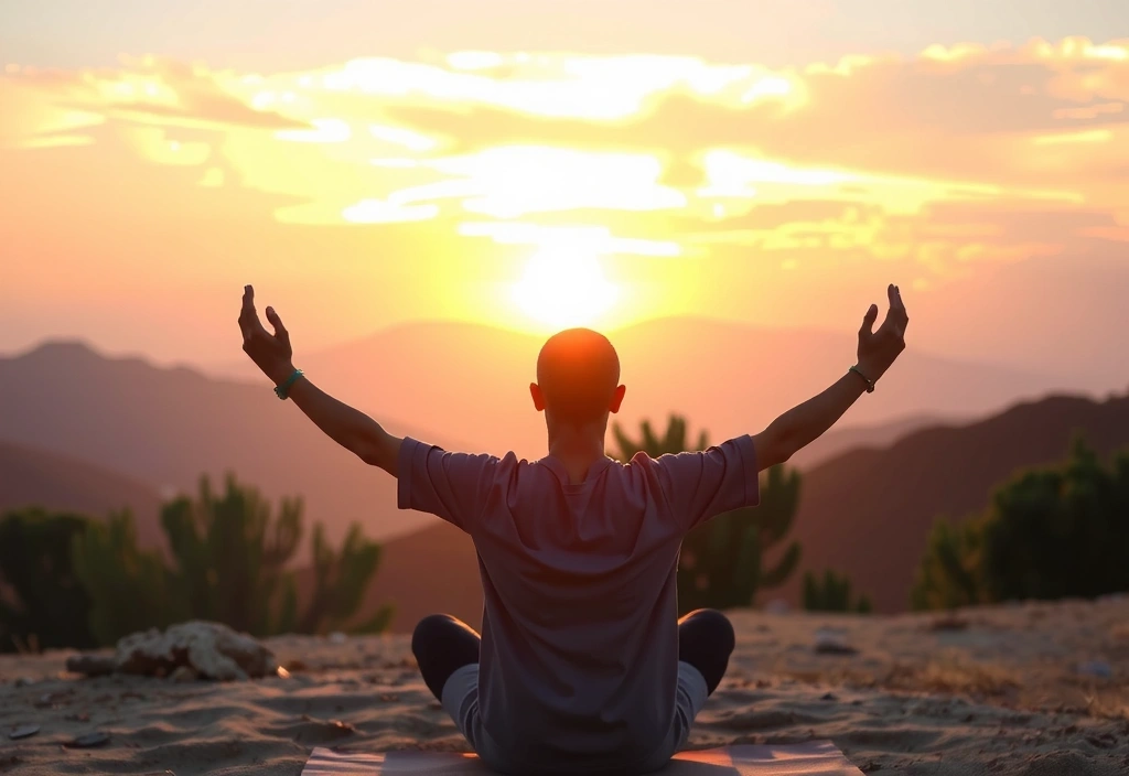 O persoană care meditează într-o poziție de yoga la apus, cu o aură calmă și senină, reprezentând bunăstarea mentală și fizică.