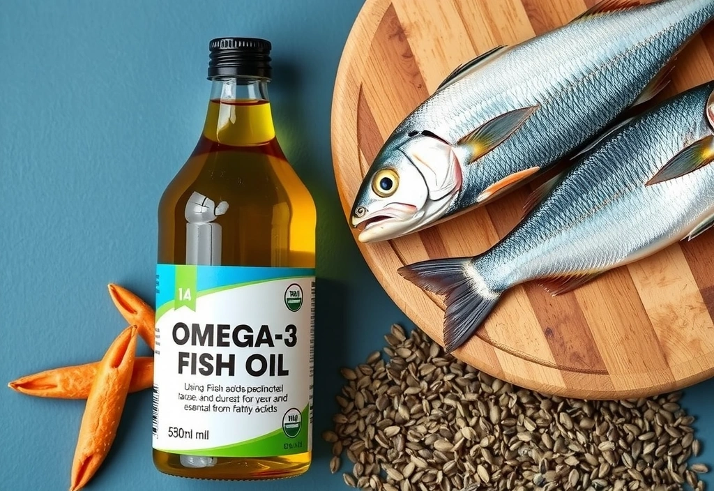 O sticlă de ulei de pește omega-3 lângă pește și semințe de in, ilustrând surse bogate de acizi grași esențiali.
