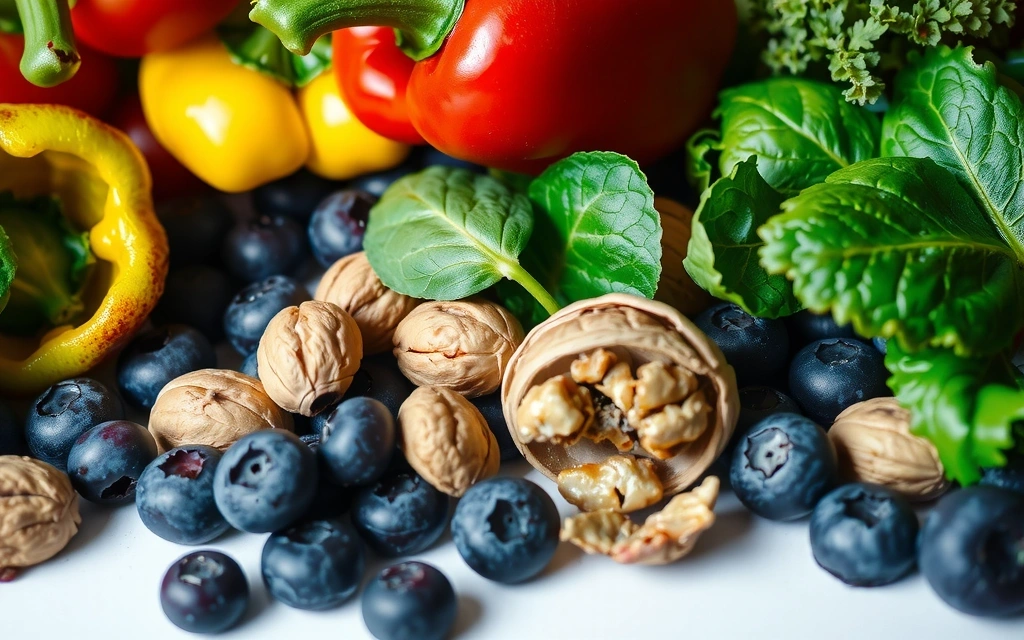 Fructe și legume bogate în antioxidanți, cum ar fi afine, spanac și nuci, aranjate artistic