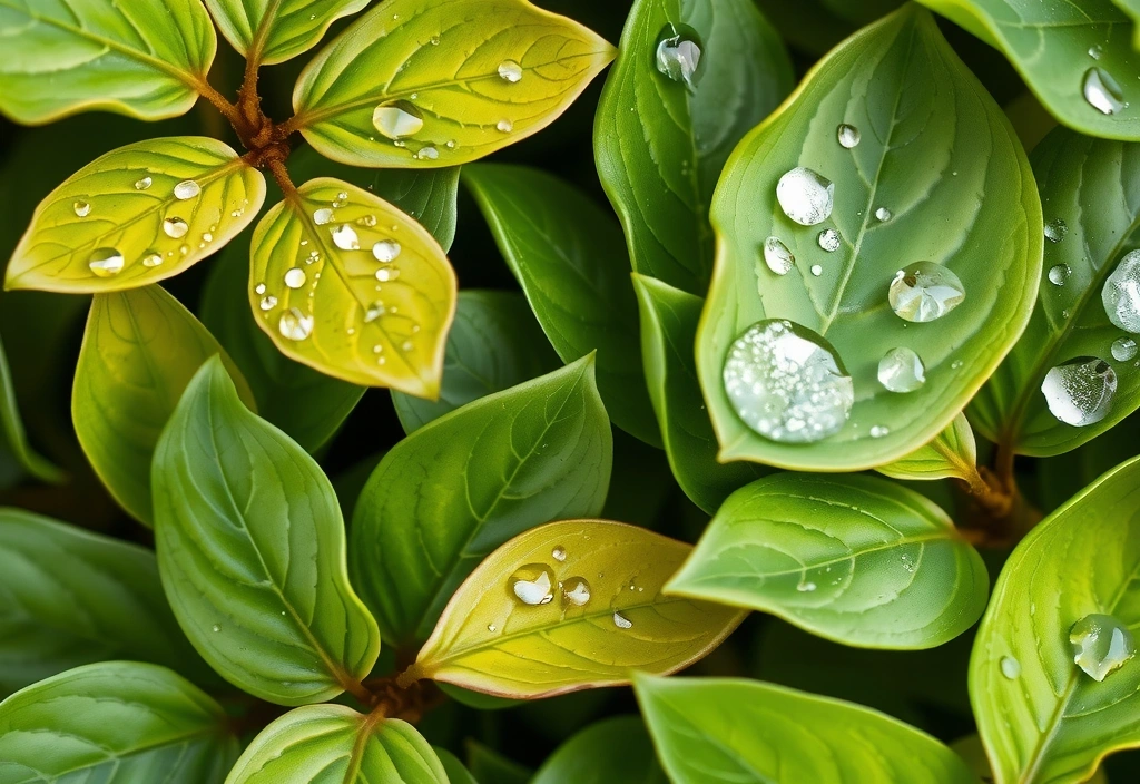Ilustrație cu frunze verzi și picături de apă, simbolizând natura și vitalitatea