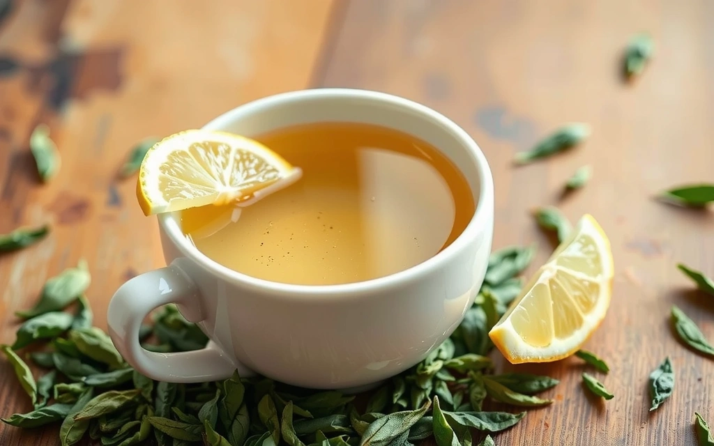 O cană aburindă de ceai verde cu frunze de ceai proaspete și lămâie, pe o masă de lemn