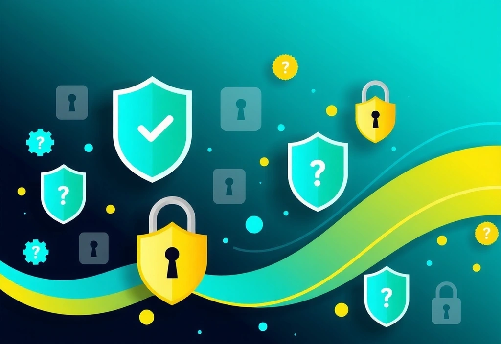 Ilustrație abstractă a securității datelor și confidențialității, cu elemente de protecție și simboluri de confidențialitate.