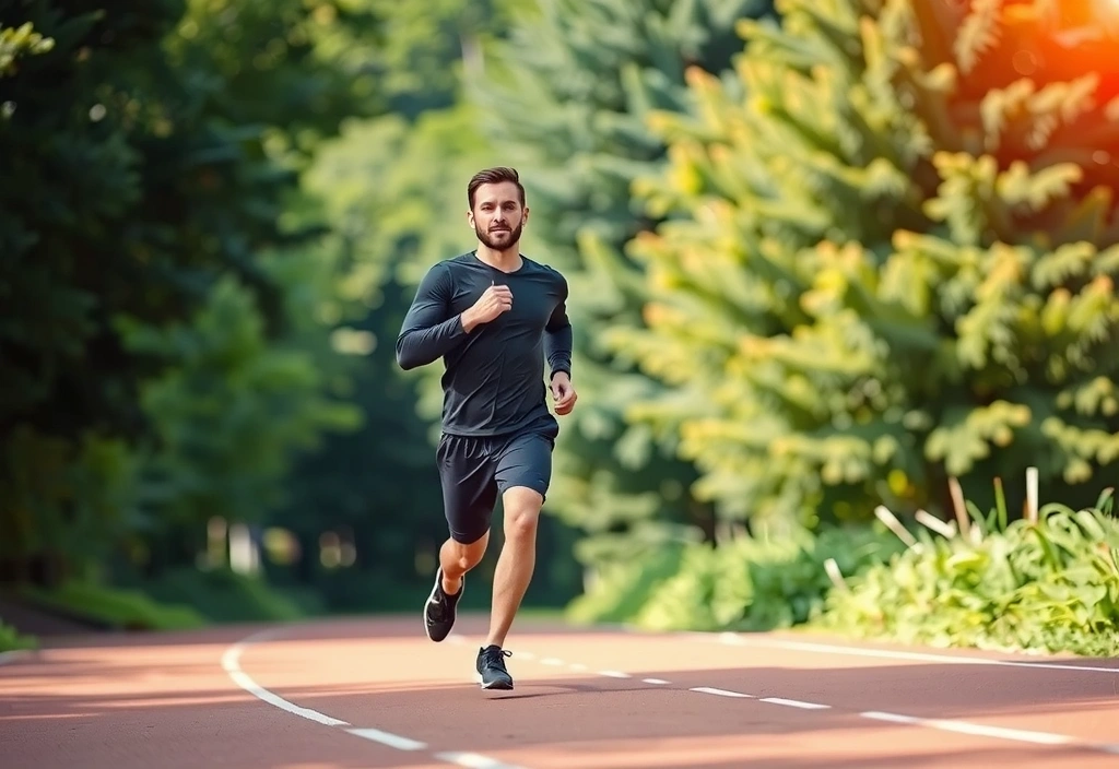 Bărbat alergând pe o pistă înconjurat de natură, cu o expresie hotărâtă