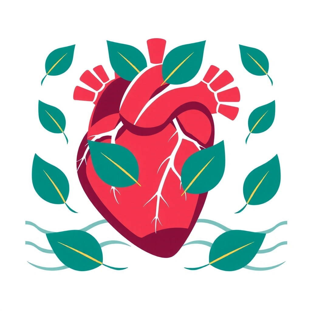 Inimă stilizată cu elemente de natură și unduiri, reprezentând sănătatea cardiovasculară