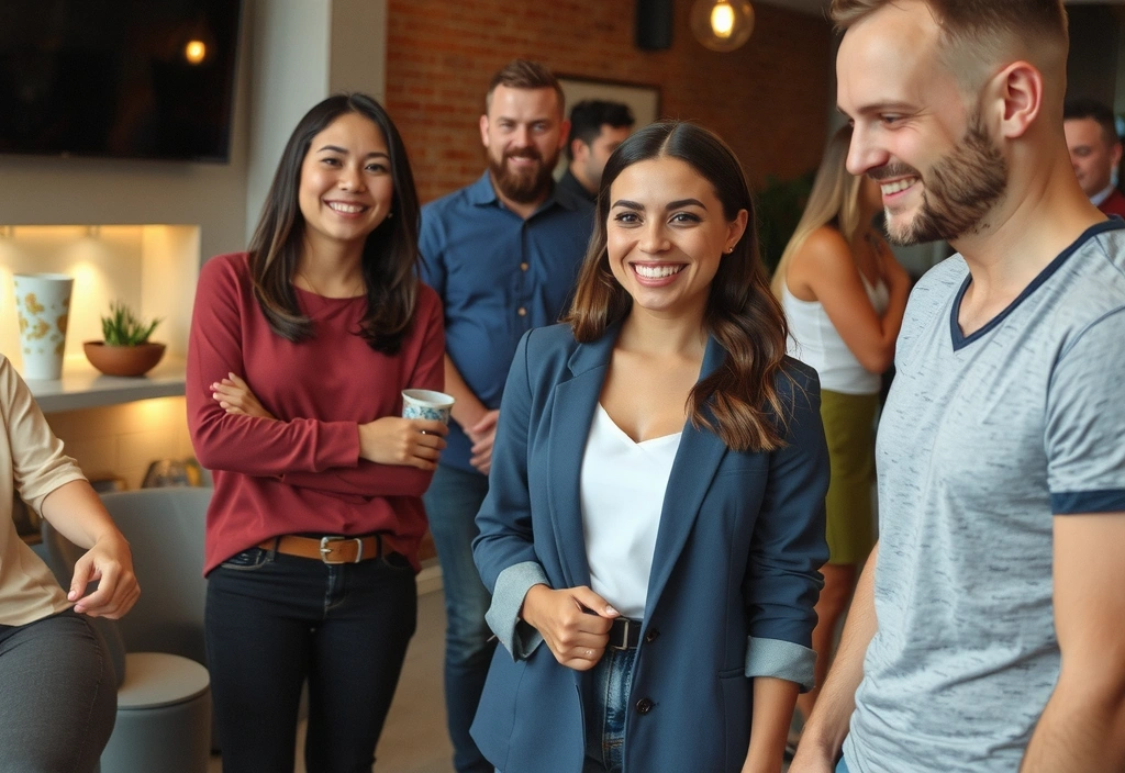 Oameni zâmbind și interacționând într-un grup social, simbolizând bunăstarea socială
