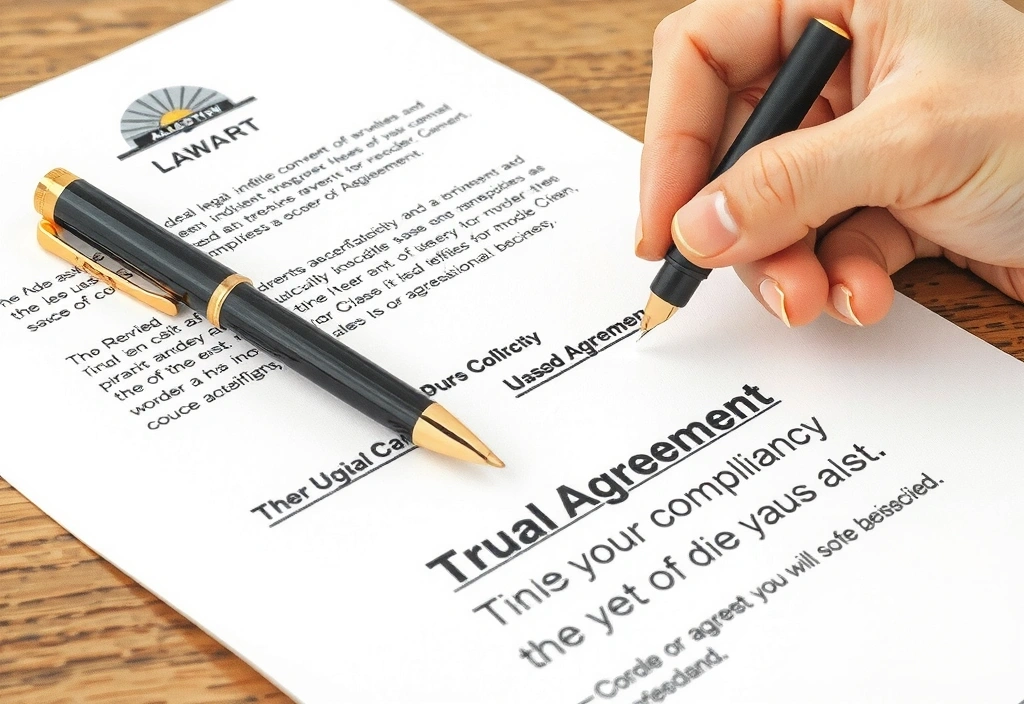 Ilustrație cu documente legale și o mână care semnează un acord