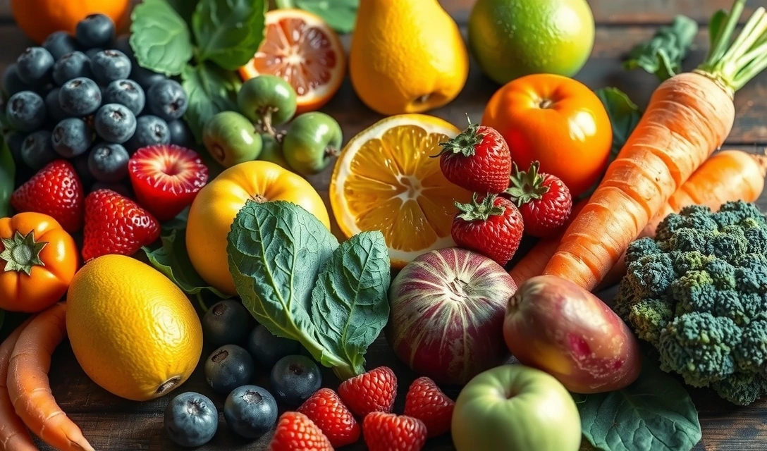 Diverse fructe și legume vibrante aranjate artistic, simbolizând o dietă bogată în vitamine