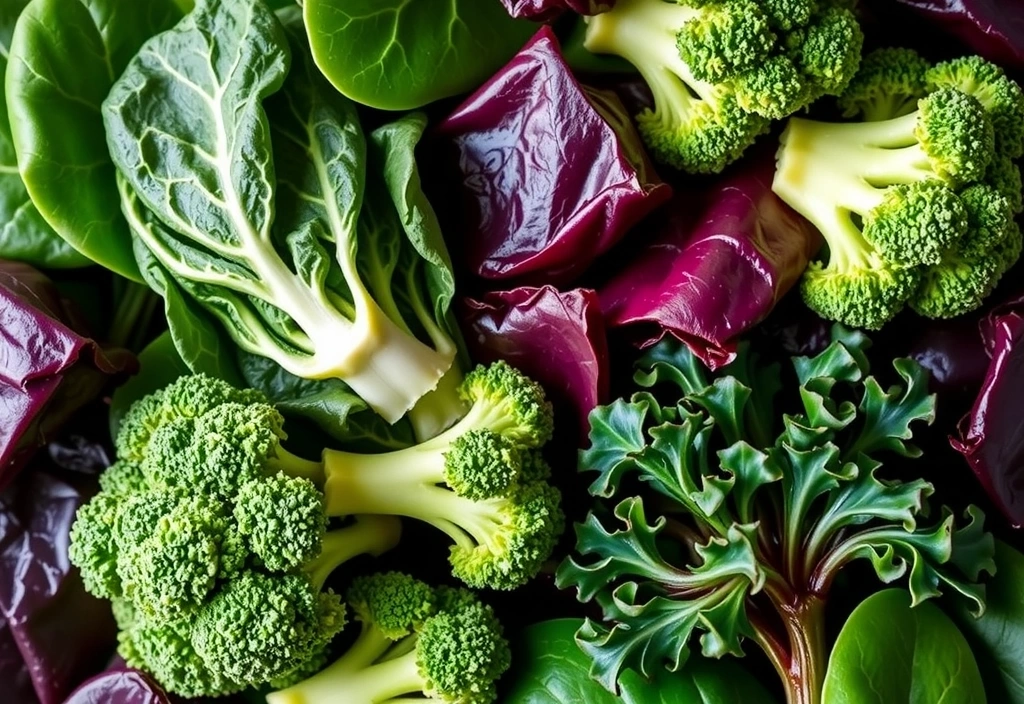 Verdețuri închise la culoare și broccoli, reprezentând surse de Vitamina K